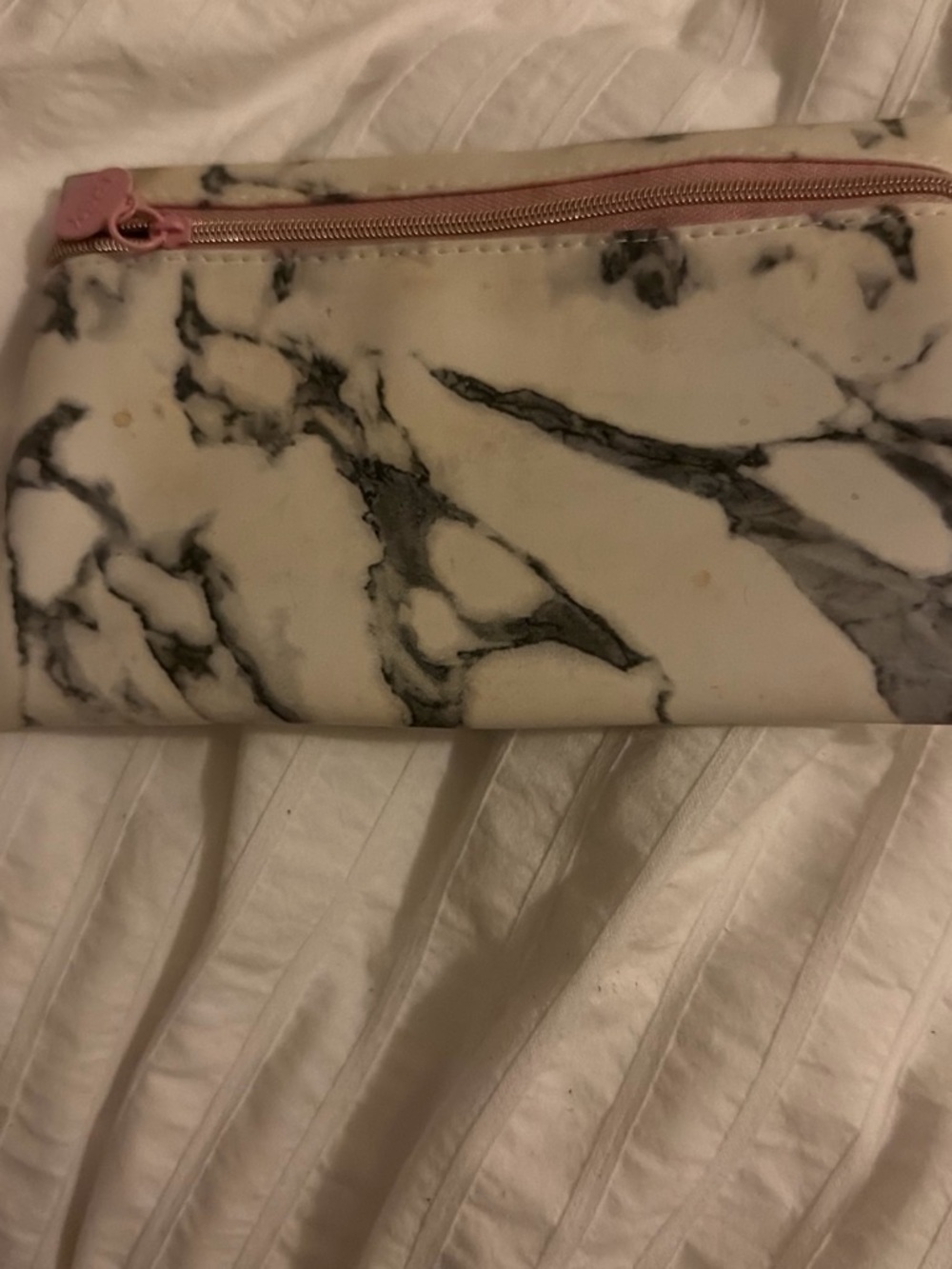 ipsy Marble-Pattern Cosmetic Pouch in White & Black with Pink Zipper